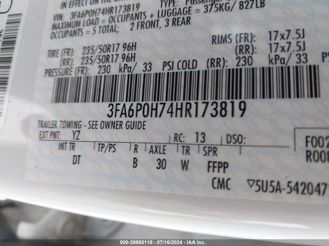 Ford FUSION SE 2017 3FA6P0H74HR173819 Image 9