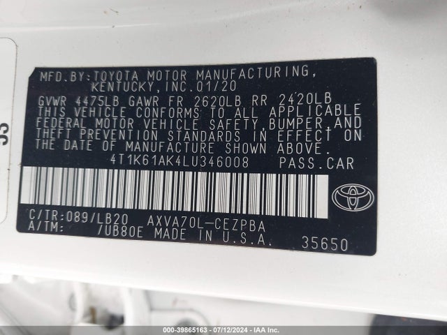 Toyota CAMRY XSE 2020 4T1K61AK4LU346008 Image 9
