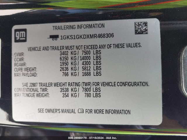 1GKS1GKDXMR468306 GMC Yukon Xl 2wd Slt