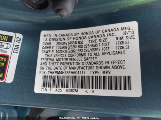 2HKRM4H76EH604117 Honda Cr-v Ex-l