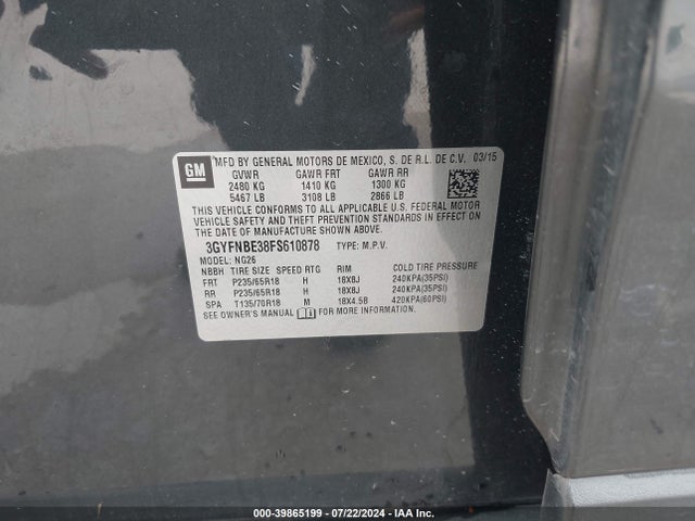 3GYFNBE38FS610878 Cadillac Srx Luxury Collection