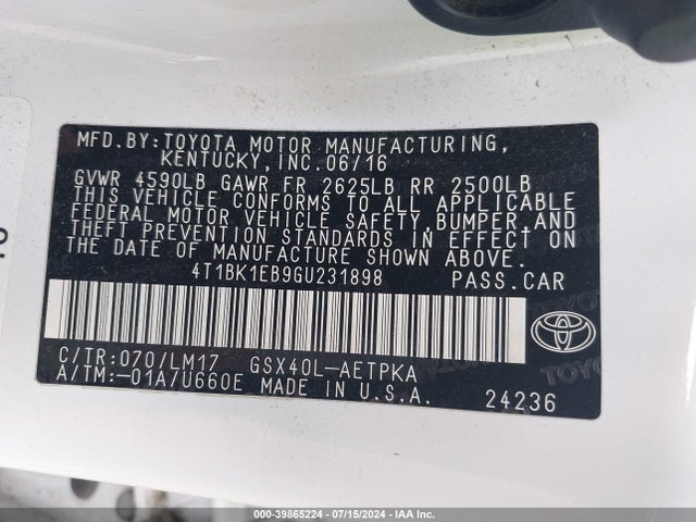 Toyota AVALON LIMITED 2016 4T1BK1EB9GU231898 Image 9