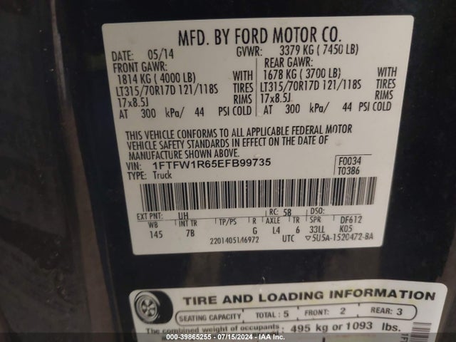 Ford F-150 Svt Raptor 2014 1FTFW1R65EFB99735 Image 9
