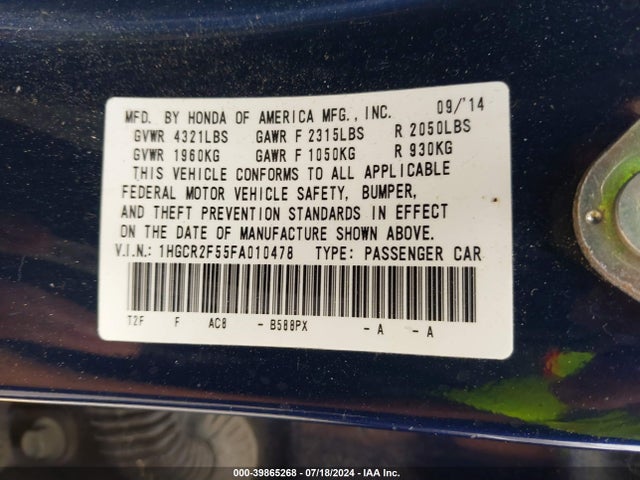 Aukcja sprzedaży 2015 Honda Accord Sport, vin: 1HGCR2F55FA010478, numer aukcji: 39865268