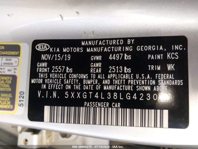 KIA Optima Lx 2020 5XXGT4L38LG423057 Image 9