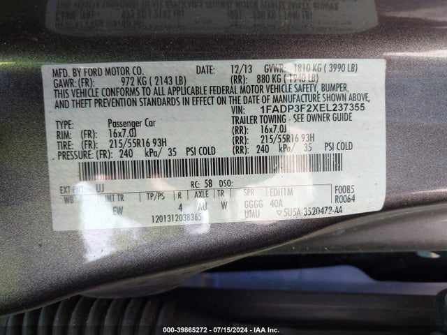 Ford FOCUS SE 2014 1FADP3F2XEL237355 Image 9