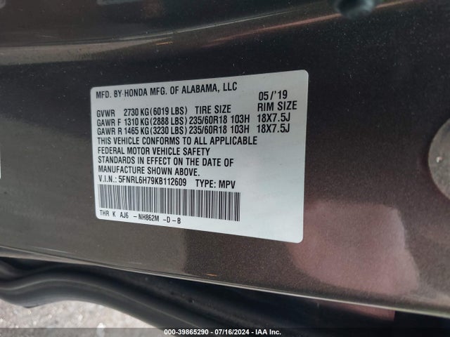 Honda Odyssey Ex-l 2019 5FNRL6H79KB112609 Image 9
