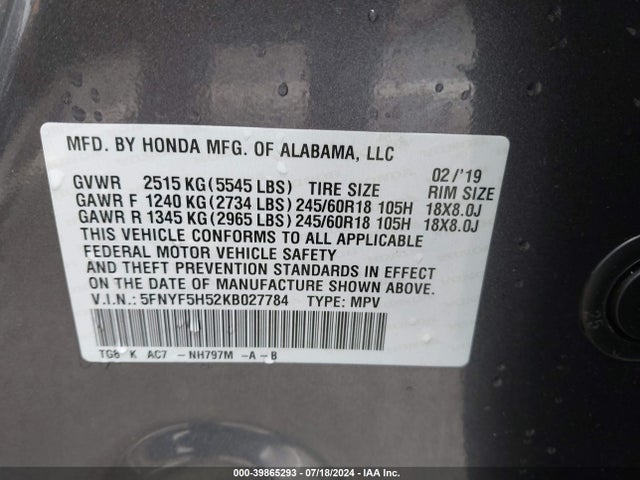 Honda Pilot Ex-l 2019 5FNYF5H52KB027784 Image 9