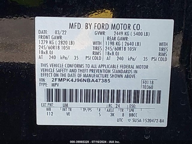 Ford EDGE SEL 2022 2FMPK4J96NBA47385 Image 9