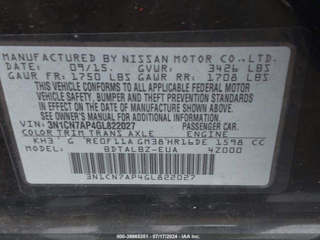 3N1CN7AP4GL822027 Nissan Versa 1.6 S/1.6 S+/1.6 Sl/1.6 Sv