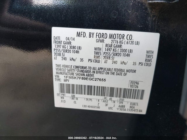 Ford Explorer Limited 2014 1FM5K7F89EGC27655 Image 9