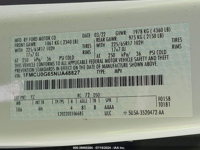 1FMCU0G65NUA48827 Ford ESCAPE SE