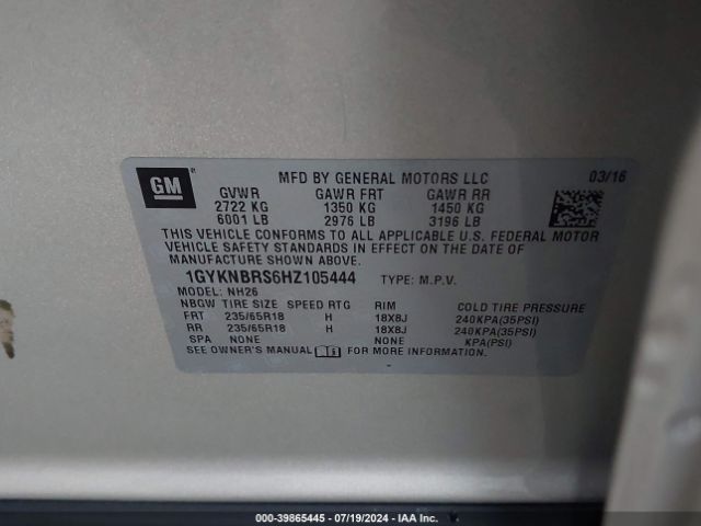 1GYKNBRS6HZ105444 Cadillac XT5 LUXURY