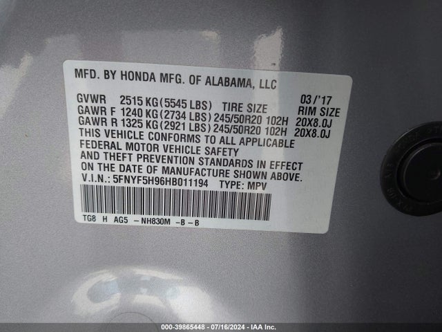 Honda Pilot Touring 2017 5FNYF5H96HB011194 Image 9