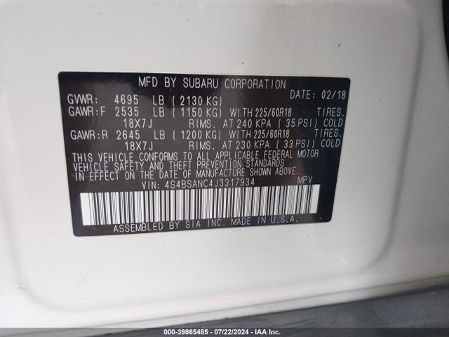 Subaru Outback 2.5i Limited 2018 4S4BSANC4J3317934 Image 9