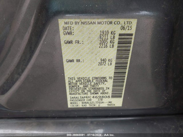Nissan Altima 2.5 S 2015 1N4AL3AP4FC469808 Image 9