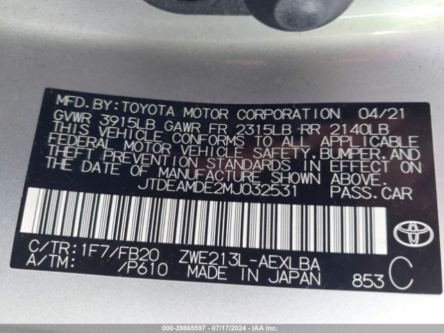 JTDEAMDE2MJ032531 Toyota Corolla Hybrid Le