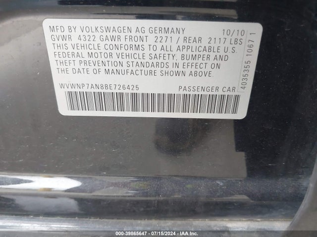 Продажа на аукционе авто 2011 Volkswagen Cc Sport, vin: WVWNP7AN8BE726425, номер лота: 39865647