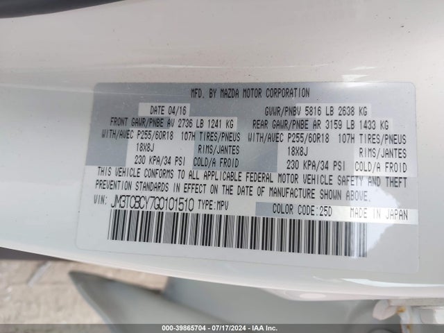 JM3TCBCY7G0101510 Mazda Cx-9 Touring