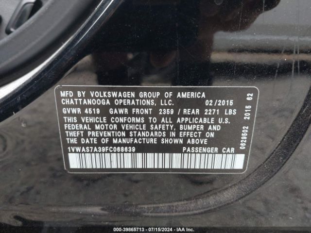 1VWAS7A39FC068639 Volkswagen Passat 1.8t Wolfsburg Edition
