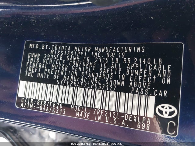 Toyota COROLLA LE 2020 5YFEPRAE7LP057127 Image 9