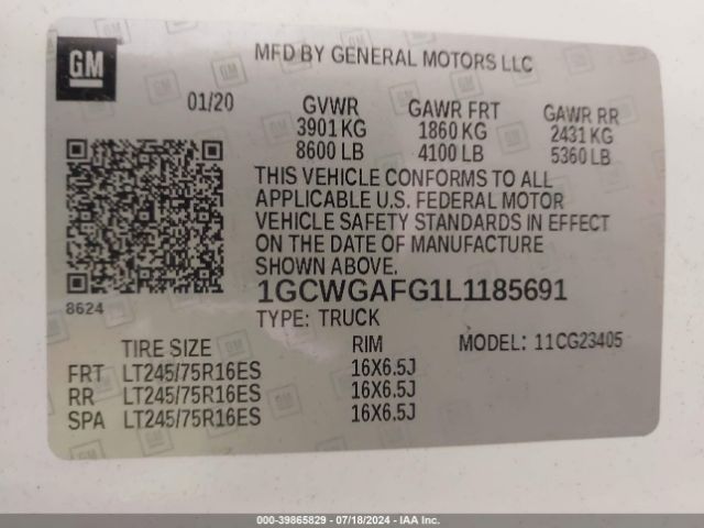 1GCWGAFG1L1185691 Chevrolet Express Cargo Rwd 2500 Regular Wheelbase Wt