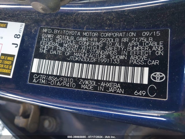 Toyota Prius Two 2015 JTDKN3DU2F1991133 Image 9