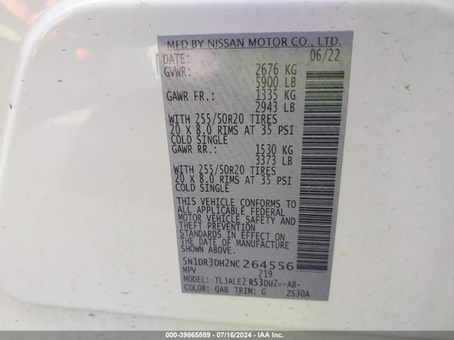 Nissan Pathfinder Platinum 2wd 2022 5N1DR3DH2NC264556 Image 9