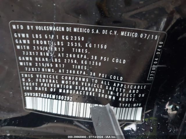 3VV3B7AX8KM180292 Volkswagen Tiguan 2.0t Se/2.0t Sel/2.0t Sel R-line/2.0t Sel R-line Black