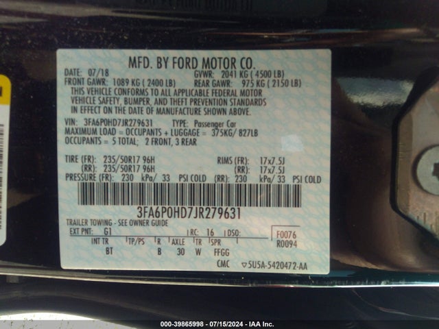 Ford FUSION SE 2018 3FA6P0HD7JR279631 Image 9