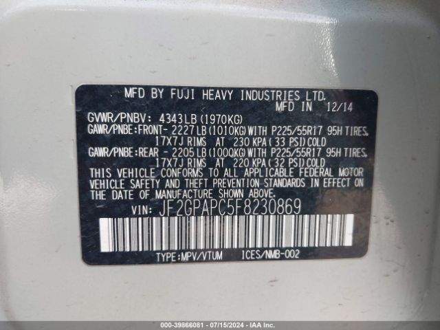 JF2GPAPC5F8230869 Subaru Xv Crosstrek 2.0i Limited