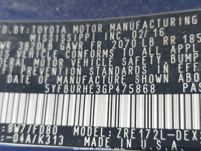 Toyota Corolla S Plus 2016 5YFBURHE3GP475868 Image 9