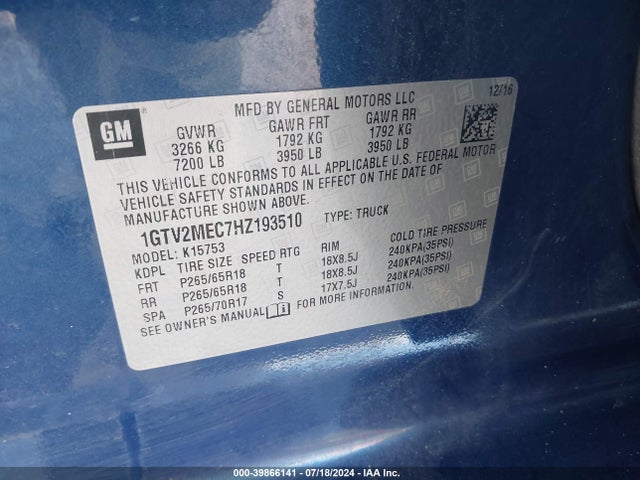 39866141 :رقم المزاد ، 1GTV2MEC7HZ193510 vin ، 2017 Gmc Sierra 1500 Sle مزاد بيع