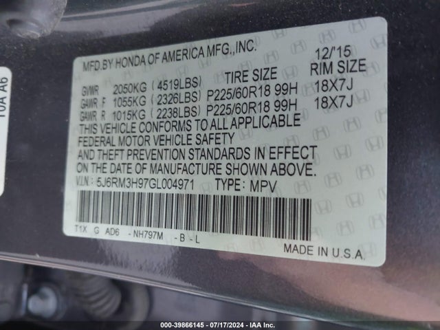 Honda Cr-v Touring 2016 5J6RM3H97GL004971 Image 9