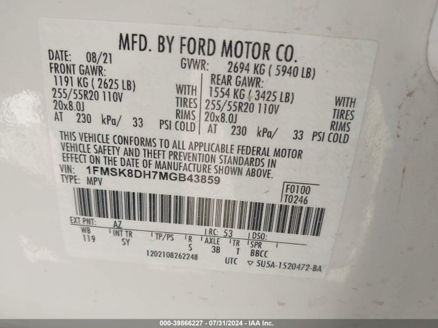 Ford EXPLORER XLT 2021 1FMSK8DH7MGB43859 Image 9