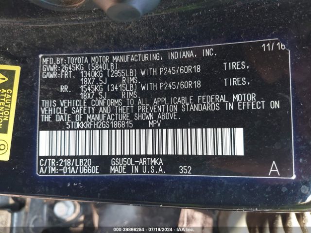 5TDKKRFH2GS186815 Toyota Highlander Xle V6