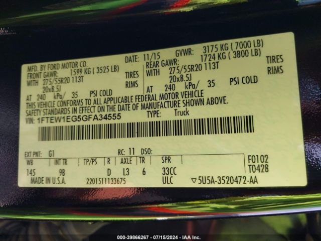 1FTEW1EG5GFA34555 Ford F-150 Platinum