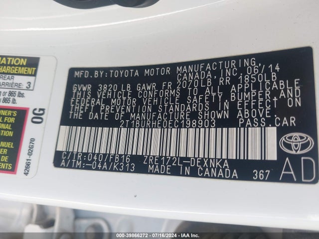 Toyota COROLLA LE 2014 2T1BURHE0EC198903 Image 9