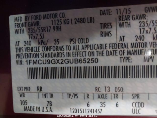1FMCU9GX2GUB65250 Ford ESCAPE SE