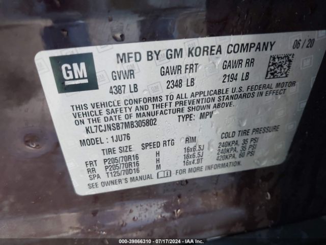 KL7CJNSB7MB305802 Chevrolet Trax Awd Ls
