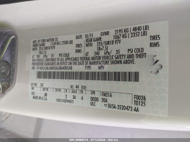 Ford Escape Titanium 2016 1FMCU9J90GUB45038 Image 9