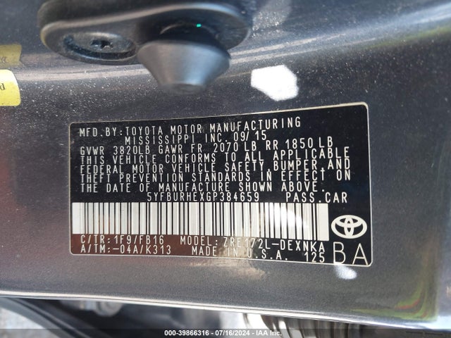 Toyota COROLLA LE 2016 5YFBURHEXGP384659 Image 9