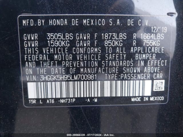 3HGGK5H95LM700981 Honda Fit Ex-l