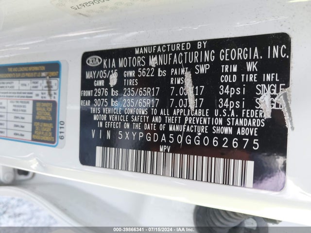KIA Sorento 3.3l Lx 2016 5XYPGDA50GG062675 Image 9