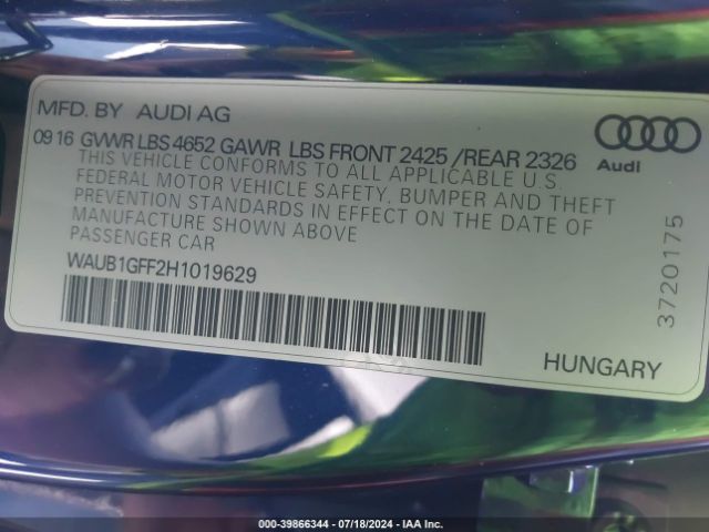 WAUB1GFF2H1019629 Audi S3 2.0t Premium Plus