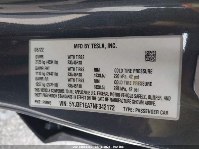 5YJ3E1EA7NF342172 Tesla Model 3 Rear-wheel Drive