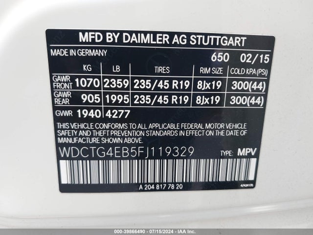 WDCTG4EB5FJ119329 Mercedes-Benz GLA 250