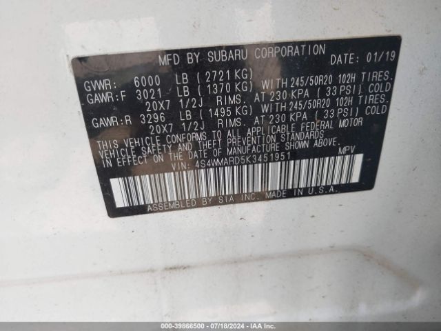 4S4WMARD5K3451951 Subaru Ascent Touring