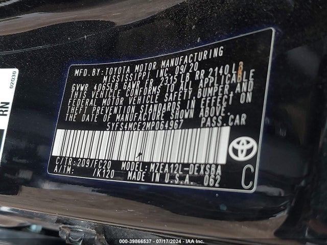 Toyota COROLLA SE 2021 5YFS4MCE2MP064967 Image 9