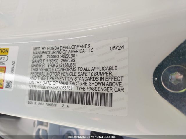1HGCY2F5XRA066763 Honda Accord Hybrid Sport